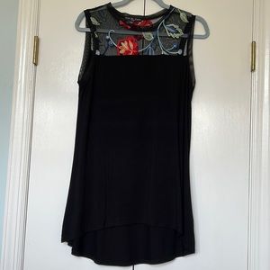 Kim and Cami Black Sleeveless Top with Sheer Embroidered Neckline